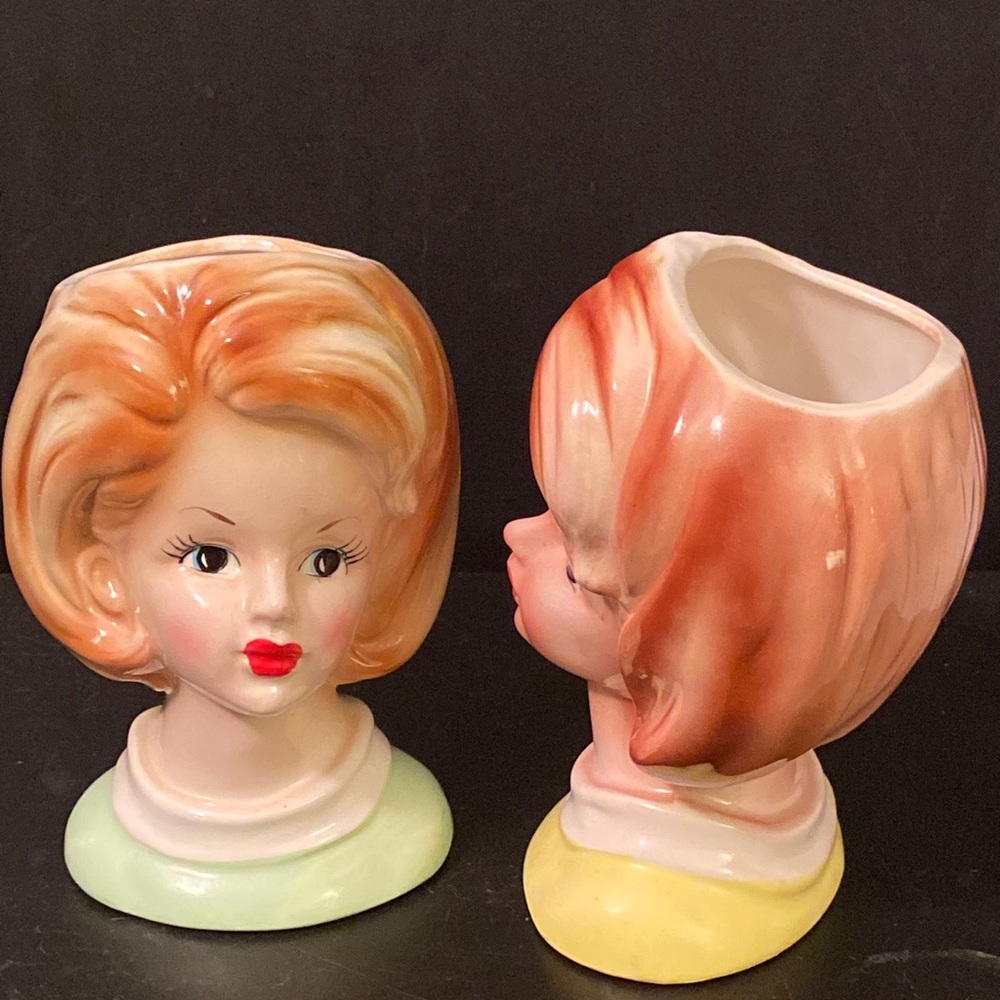 Nancy Pew High-gloss Napco Japan #3397 2 Pcs Porcelain Young Lady Head Vases - Picture 3 of 8